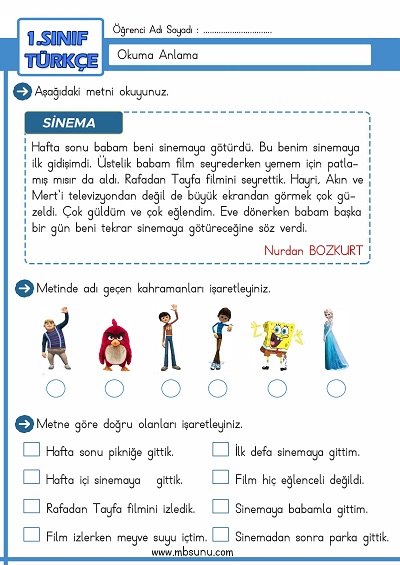 1. Sınıf Türkçe Okuma Anlama Etkinliği - Sinema