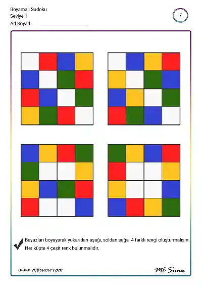Çocuklar İçin Boyamalı Sudoku Etkinlikleri - Seviye 1
