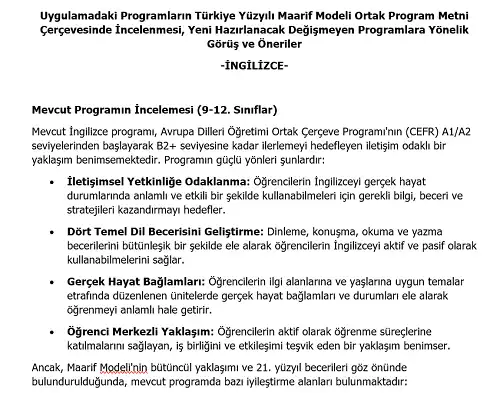 Lise İngilizce Programının Maarif Modeli Metni Çerçevesince İncelenmesi, Görüş ve Öneriler