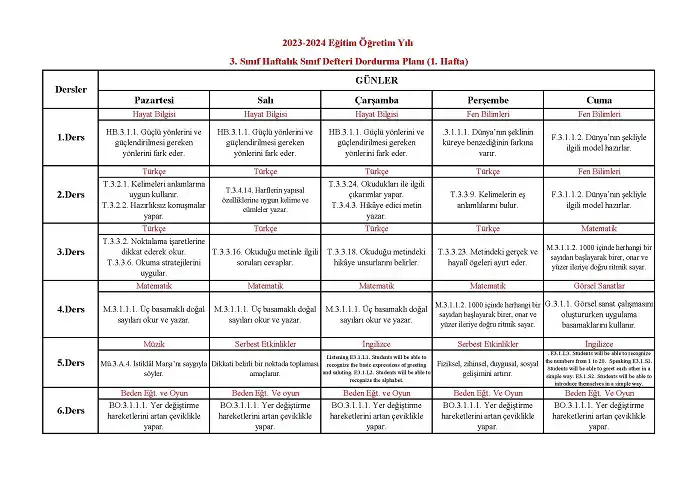2023-2024 Yılı 3. Sınıf 1. Hafta Sınıf Defteri Doldurma Planı