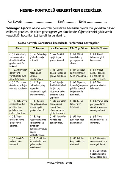 4.Sınıf Beden Eğitimi ve Oyun - Nesne Kontrolü Gerektiren Beceriler Formu