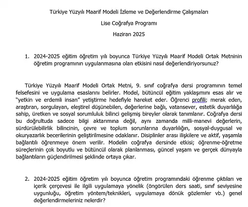 Türkiye Yüzyılı Maarif Modeli İzleme ve Değerlendirme Çalışmaları - Lise Coğrafya Programı