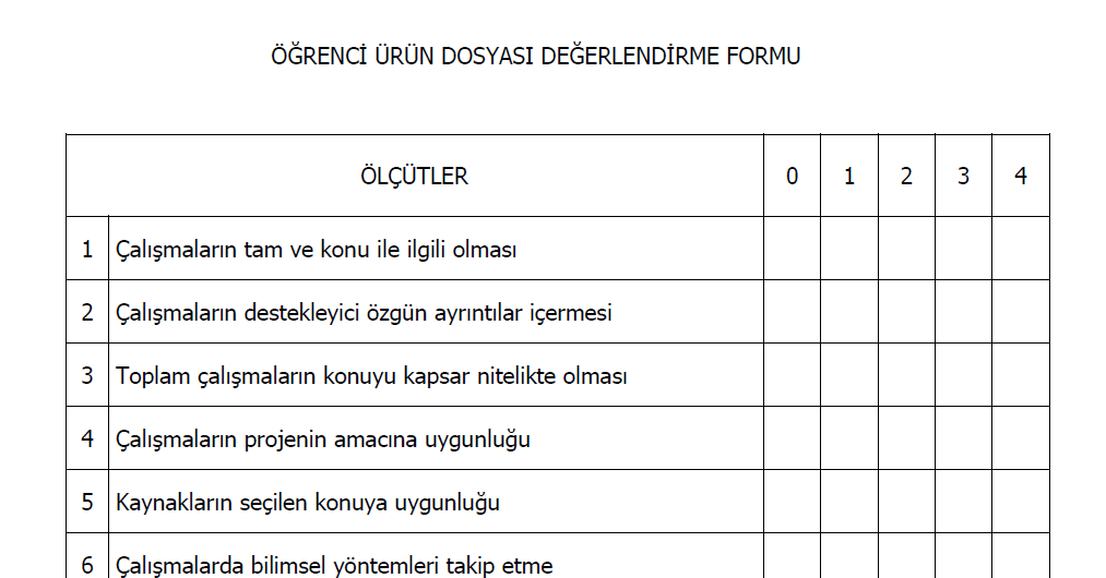 Öğrenci Ürün Dosyası Değerlendirme Formu