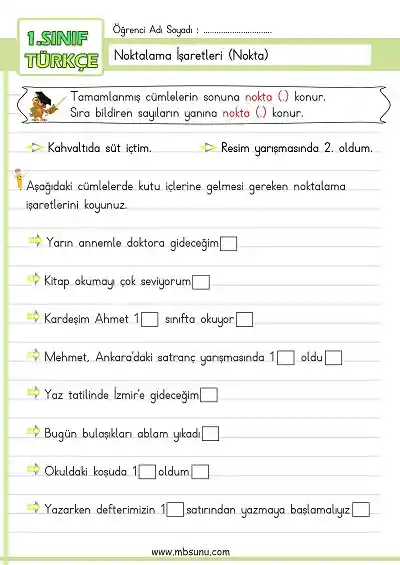 1. Sınıf Türkçe - Noktalama İşaretleri Etkinliği (Nokta, Virgül)