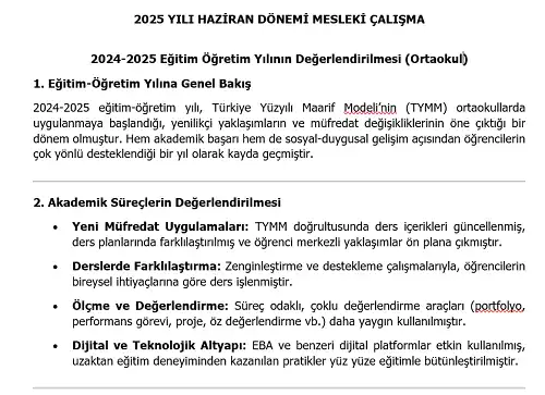 2024-2025 Ortaokul Eğitim Öğretim Yılının Değerlendirilmesi