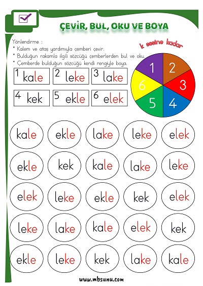 1. Sınıf İlk Okuma K Sesi - Çevir, Bul, Oku ve Boya Etkinliği