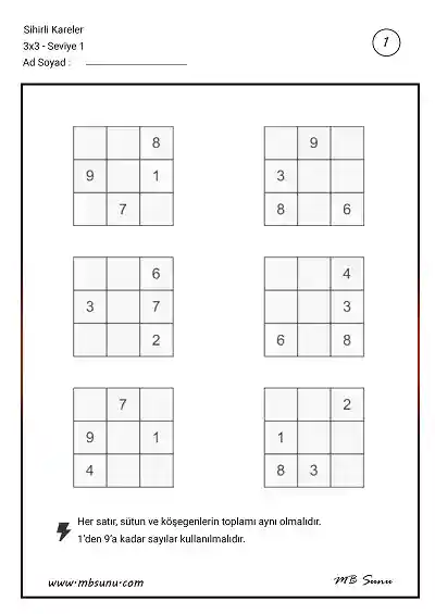 Sihirli Kareler Zeka Etkinliği (3x3) - Seviye 1