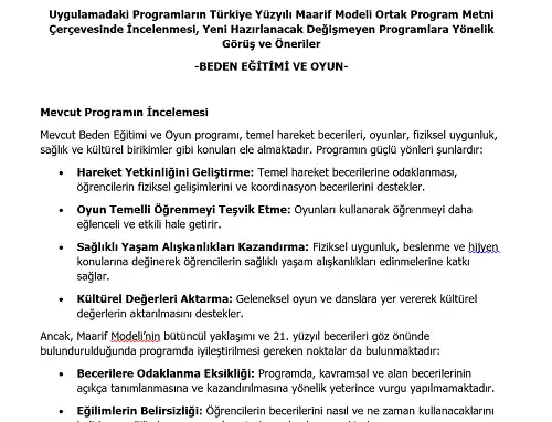 İlkokul Beden Eğitimi ve Oyun Programının Maarif Modeli Metni Çerçevesince İncelenmesi, Görüş ve Öneriler