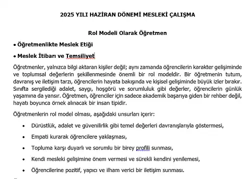 2025 Lise Mesleki Çalışma: Rol Modeli Olarak Öğretmen, Meslek Etiği ve Temsiliyet
