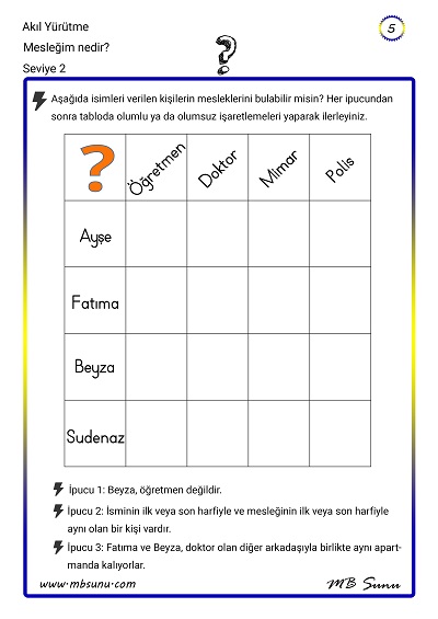 Seviye 2 - Akıl Yürütme Zeka Etkinliği 5 - Mesleğim Nedir