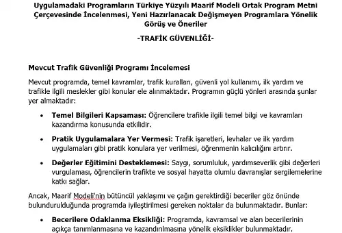 İlkokul Trafik Güvenliği Programının Maarif Modeli Metni Çerçevesince İncelenmesi, Görüş ve Öneriler