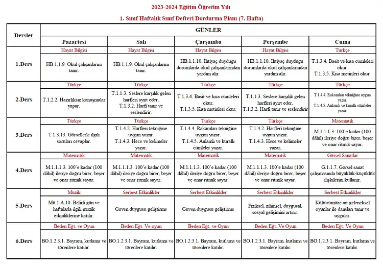 2023-2024 Yılı 1. Sınıf 7. Hafta Sınıf Defteri Doldurma Planı