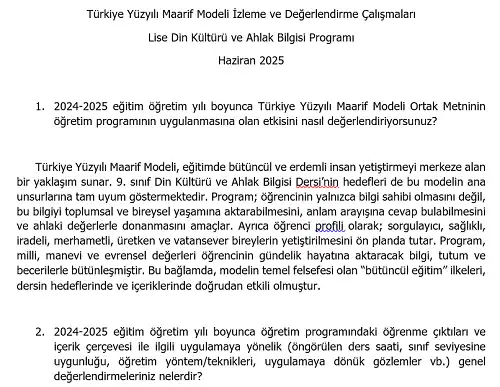 Türkiye Yüzyılı Maarif Modeli İzleme ve Değerlendirme Çalışmaları - Lise Din Kültürü ve Ahlak Bilgisi Programı