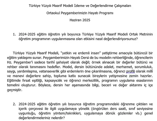 Türkiye Yüzyılı Maarif Modeli İzleme ve Değerlendirme Çalışmaları - Ortaokul Peygamberimizin Hayatı Programı