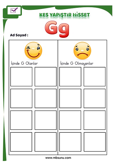 1. Sınıf İlk Okuma G Sesi - Kes Yapıştır Hisset Etkinliği