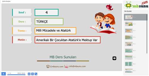 4.Sınıf Türkçe Amerikalı Bir Çocuktan Atatürk'e Mektup Var Metni Sunusu