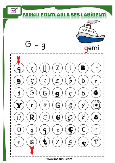 1. Sınıf İlk Okuma Farklı Fontlarla G Sesi Oyunlu Labirent Etkinliği