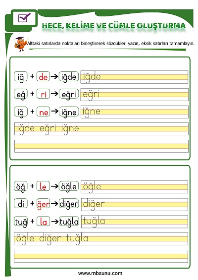 1. Sınıf İlk Okuma Ğ Sesi Birleştirme Etkinliği