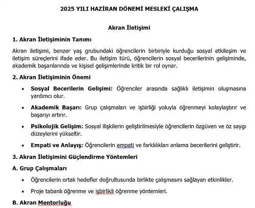 2025 İlkokul Mesleki Çalışma: Akran İletişimi