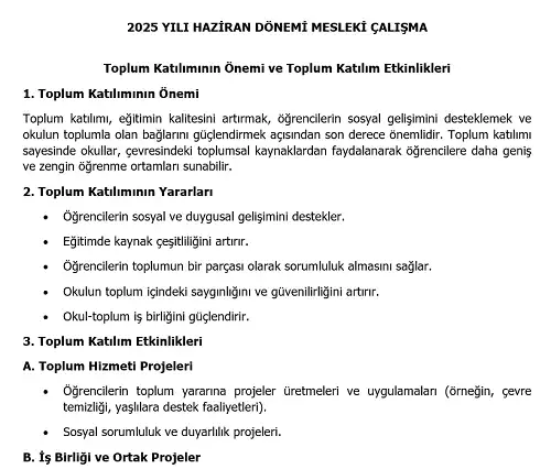 2025 İlkokul Mesleki Çalışma: Toplum Katılımının Önemi ve Toplum Katılım Etkinlikleri