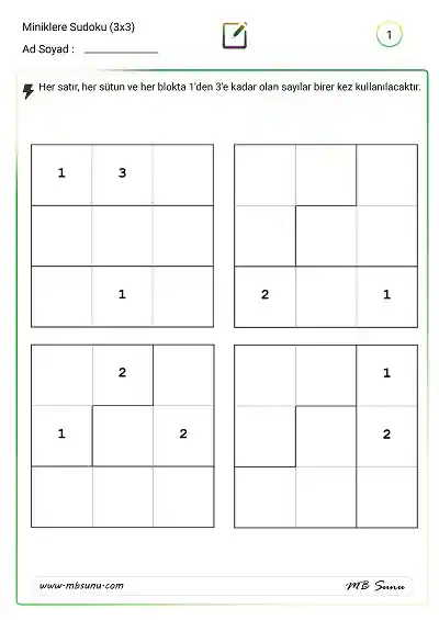 Miniklere Sudoku (3x3)