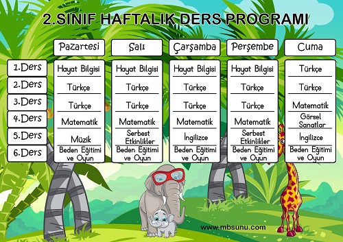 2. Sınıf Haftalık Ders Programı Boş ve Dolu Şablon