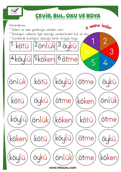 1. Sınıf İlk Okuma Ö Sesi - Çevir, Bul, Oku ve Boya Etkinliği