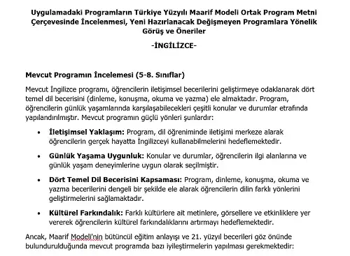 Ortaokul İngilizce Programının Maarif Modeli Metni Çerçevesince İncelenmesi, Görüş ve Öneriler