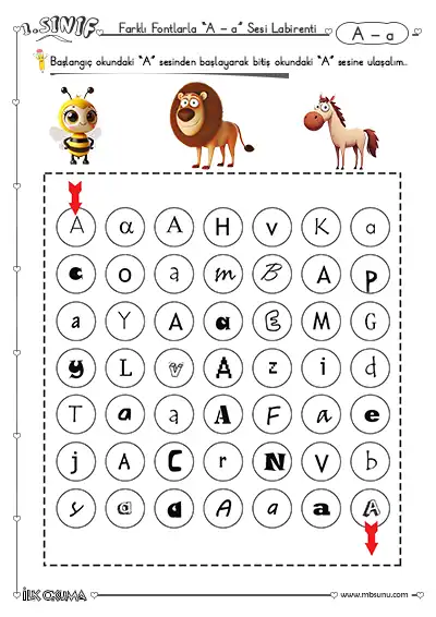 1. Sınıf Farklı Fontlarla A Sesi Labirent Bulmaca Etkinliği