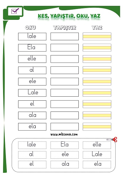 1. Sınıf İlk Okuma A Sesi - Kes Yapıştır Oku Yaz Etkinliği