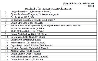 Belirli Gün ve Haftalar Çizelgesi