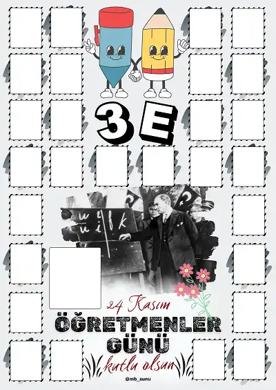 3-E Şubesi İçin Çerçeveli Öğretmenler Günü Posteri (28 Kişilik)