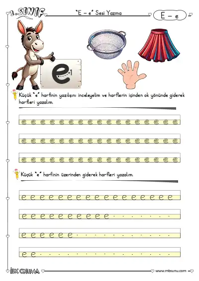 1. Sınıf Büyük ve Küçük E Sesi Yazma Etkinliği