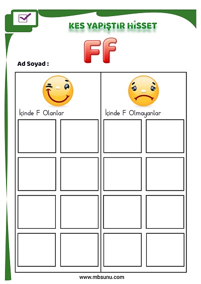 1. Sınıf İlk Okuma F Sesi - Kes Yapıştır Hisset Etkinliği