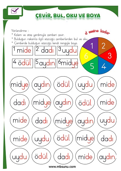 1. Sınıf İlk Okuma D Sesi - Çevir, Bul, Oku ve Boya Etkinliği