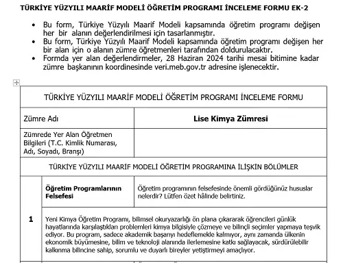 Maarif Modeli Lise Kimya Programı İnceleme Formu Ek-2 (Doldurulmuş Hali)