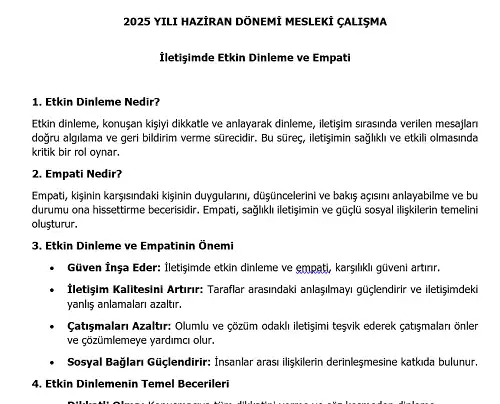 2025 İlkokul Mesleki Çalışma: İletişimde Etkin Dinleme ve Empati