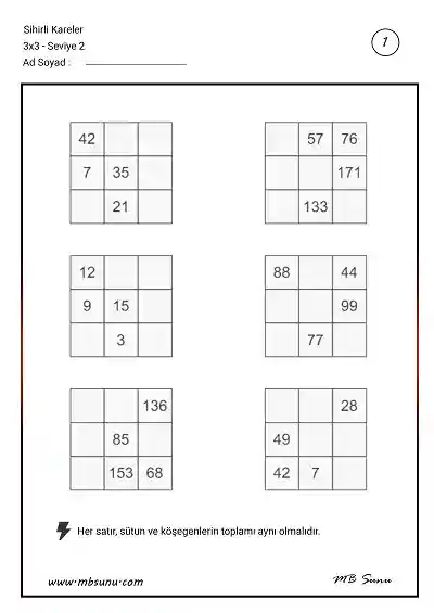 Sihirli Kareler Zeka Etkinliği (3x3) - Seviye 2