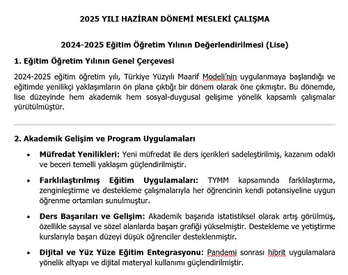 2024-2025 Lise Eğitim Öğretim Yılının Değerlendirilmesi