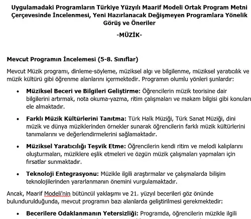 Ortaokul Müzik Programının Maarif Modeli Metni Çerçevesince İncelenmesi, Görüş ve Öneriler