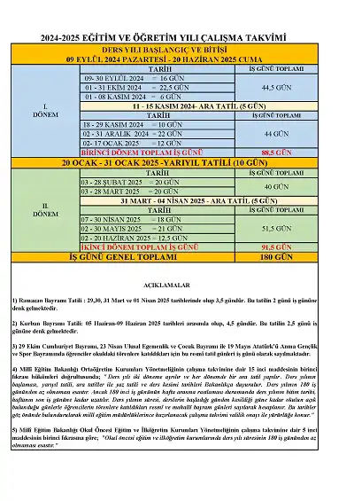 2024 - 2025 Eğitim Öğretim Yılı MEB Çalışma Takvimi