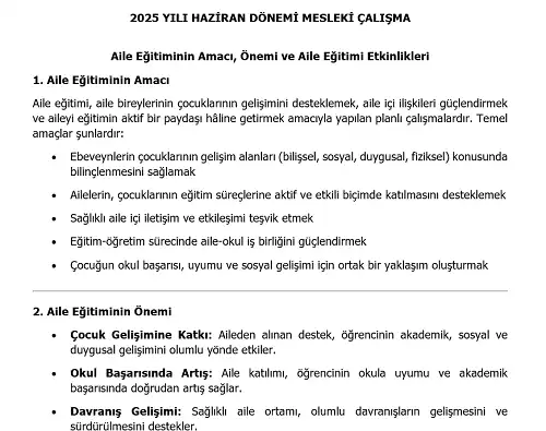 2025 Ortaokul Mesleki Çalışma: Aile Eğitiminin Amacı, Önemi ve Aile Eğitimi Etkinlikleri