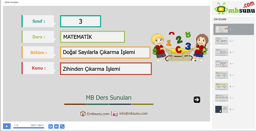 3.Sınıf Matematik Zihinden Çıkarma İşlemi Sunusu