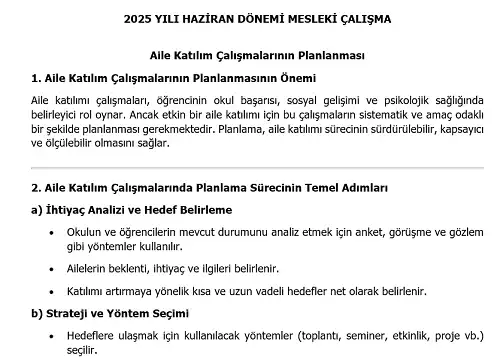 2025 Lise Mesleki Çalışma: Aile Katılım Çalışmalarının Planlanması