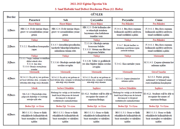 2022-2023 Yılı 3. Sınıf 12. Hafta Sınıf Defteri Doldurma Planı