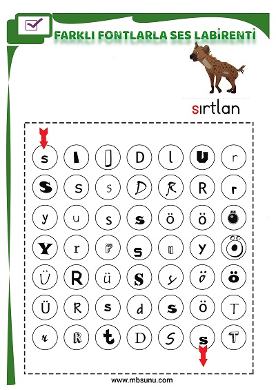 1. Sınıf İlk Okuma Farklı Fontlarla S Sesi Oyunlu Labirent Etkinliği