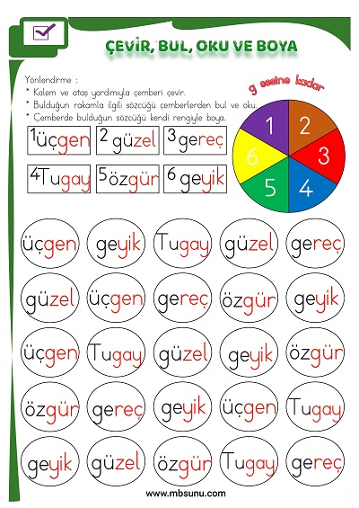 1. Sınıf İlk Okuma G Sesi - Çevir, Bul, Oku ve Boya Etkinliği