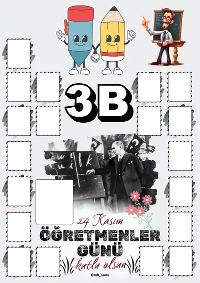 3-B Şubesi İçin Çerçeveli Öğretmenler Günü Posteri (19 Kişilik-Erkek)
