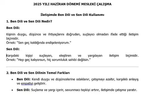 2025 Lise Mesleki Çalışma: İletişimde Ben Dili ve Sen Dili Kullanımı