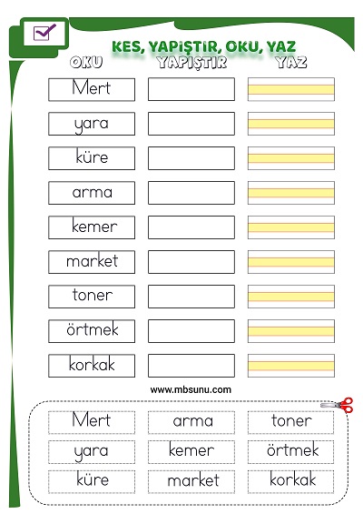 1. Sınıf İlk Okuma R Sesi - Kes Yapıştır Oku Yaz Etkinliği